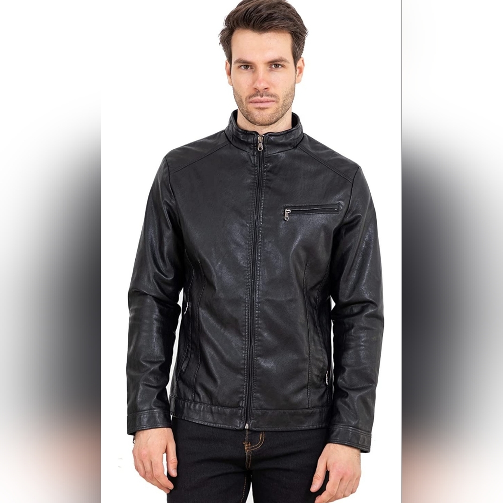 VICALLED Mens, 2XL,  Leather Jacket Slim Fit Stand Collar PU, black